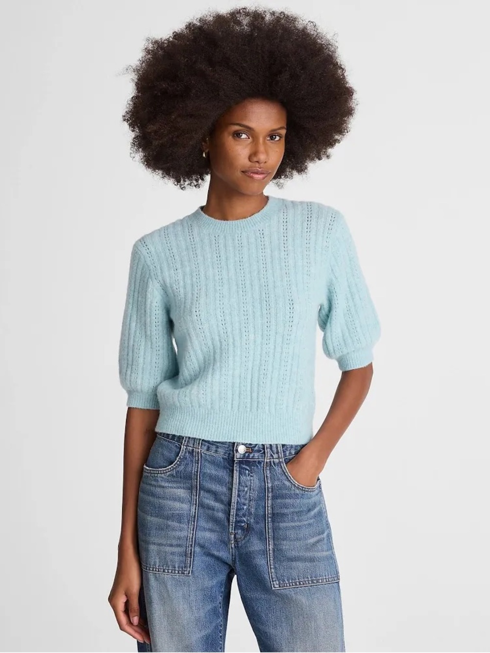 Madewell CloudSoft Pointelle Short Sleeve Sweater in Mint Blue